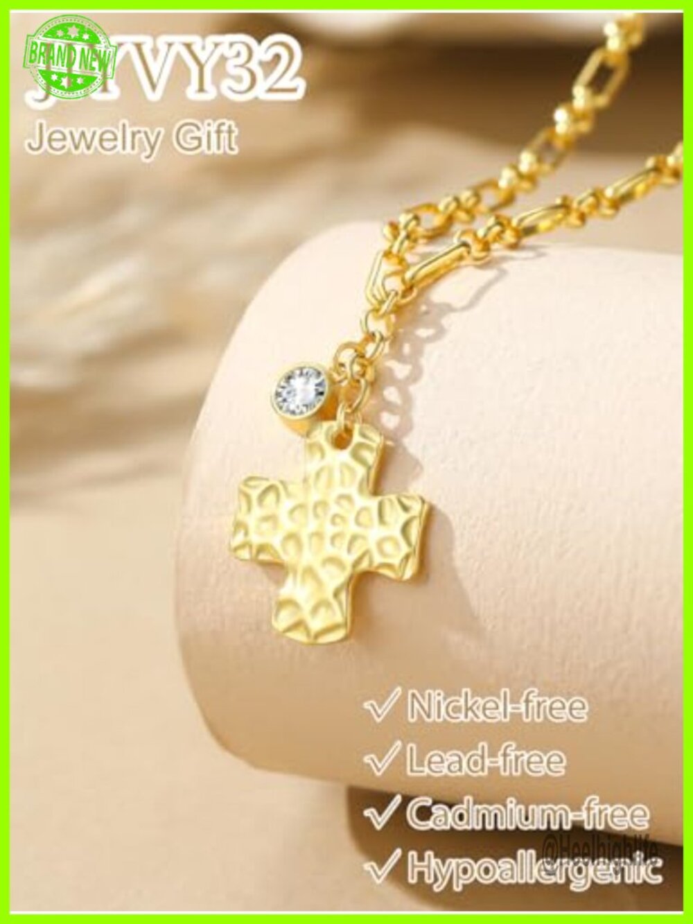 14K Gold Plated Hammered Cross Pendant Necklace - Diamond Birthstone Charm - Picture 4 of 6
